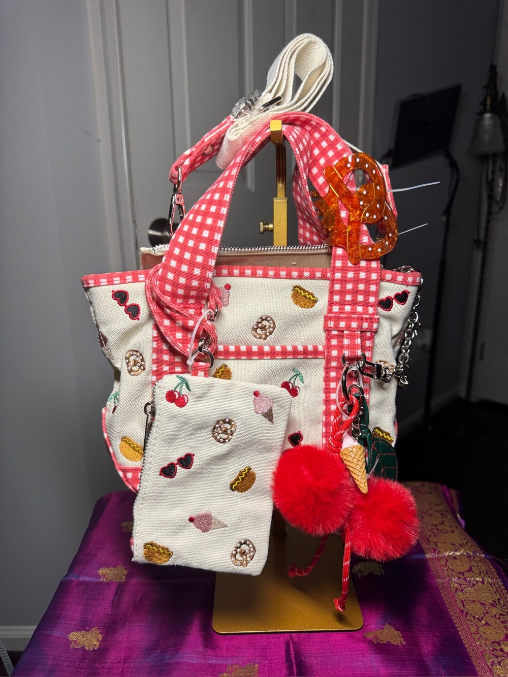 NWT Madden Girl Leti Mini Tote Bag Red Gingham Picnic Crossbody Embroidered